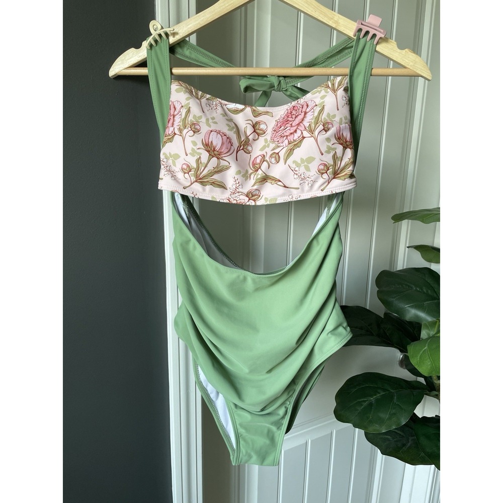 Nwt Retro Stage Swimsuit | Green | Floral Ruched | Bandeau One Piece High Cut M